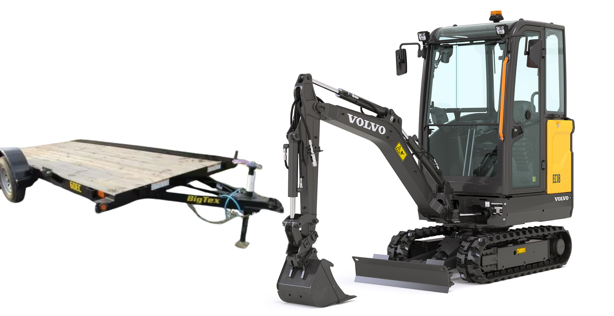 Compact excavator loaded on rental trailer